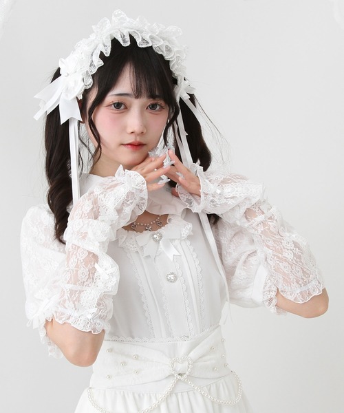 DearMyLove（ディアマイラブ）の「キラキラビジューパールハートリボンレースアームカバーブラウス（シャツ/ブラウス・レディース・ホワイト/ブラック/ベビーピンク・MEDIUM/LARGE/LL/3L）」の7枚目の写真