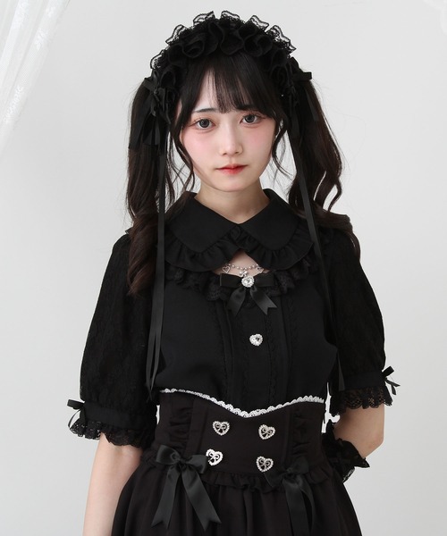 DearMyLove（ディアマイラブ）の「キラキラビジューパールハートリボンレースアームカバーブラウス（シャツ/ブラウス・レディース・ホワイト/ブラック/ベビーピンク・MEDIUM/LARGE/LL/3L）」の12枚目の写真