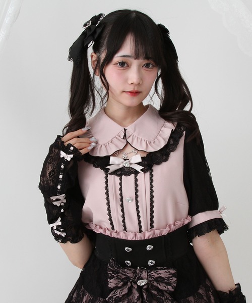 DearMyLove（ディアマイラブ）の「キラキラビジューパールハートリボンレースアームカバーブラウス（シャツ/ブラウス・レディース・ホワイト/ブラック/ベビーピンク・MEDIUM/LARGE/LL/3L）」の16枚目の写真