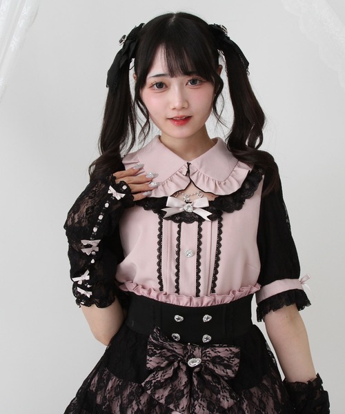 DearMyLove（ディアマイラブ）の「キラキラビジューパールハートリボンレースアームカバーブラウス（シャツ/ブラウス・レディース・ホワイト/ブラック/ベビーピンク・MEDIUM/LARGE/LL/3L）」の17枚目の写真