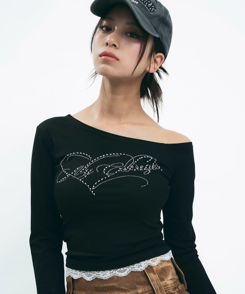 Clum（クルム）の「Rhinestone frilled one-shoulder top / ラインストーン裾フリルワンショルカットソー（Tシャツ/カットソー・レディース・アッシュグレー/ブラック・MEDIUM/SMALL）」の5枚目の写真