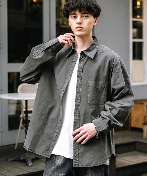 セール】オーバーサイズ ピグメントダイ加工 レギュラーカラー長袖