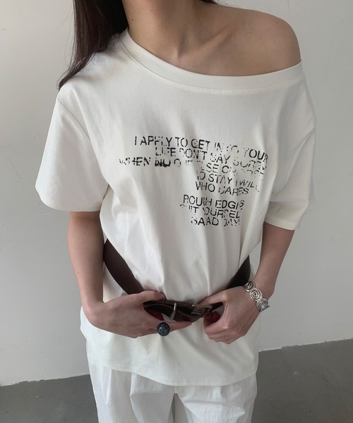 tシャツ 「LONSLAN」ベルト付き オフショルダー レタリングTシャツ LONW25s036 レディース メンズ LONSLAN】ベルト付き オフショルダー レタリングTシャツ