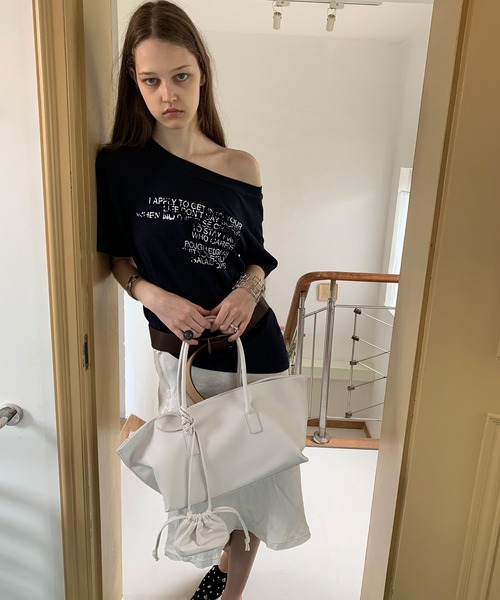 tシャツ 「LONSLAN」ベルト付き オフショルダー レタリングTシャツ LONW25s036 レディース メンズ セール】【LONSLAN】ベルト付き オフショルダー レタリングT