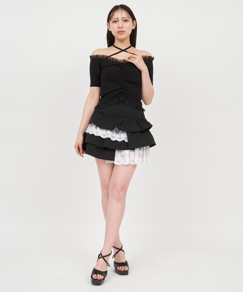 ROYAL PARTY(ロイヤルパーティー)の「チュール使いオフショルギャザートップス(Tシャツ/カットソー・レディース・グレー/オフホワイト/ブラック・FREE)」の15枚目の写真