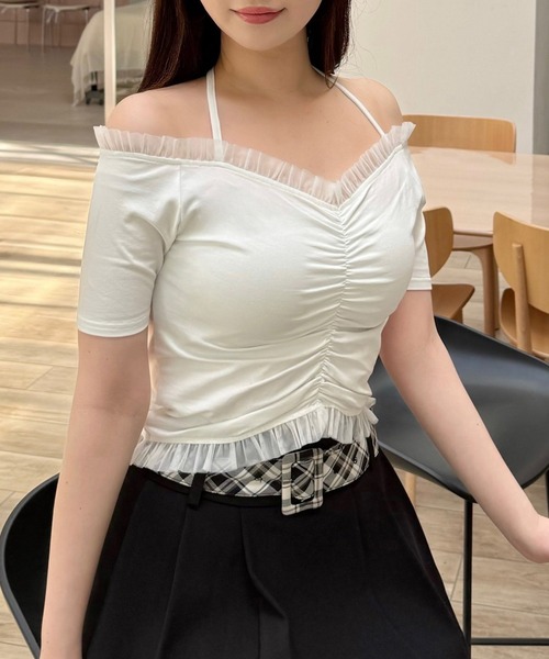 ROYAL PARTY(ロイヤルパーティー)の「チュール使いオフショルギャザートップス(Tシャツ/カットソー・レディース・グレー/オフホワイト/ブラック・FREE)」の18枚目の写真