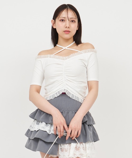 ROYAL PARTY(ロイヤルパーティー)の「チュール使いオフショルギャザートップス(Tシャツ/カットソー・レディース・グレー/オフホワイト/ブラック・FREE)」の19枚目の写真
