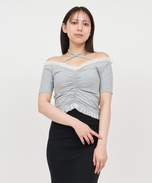 ROYAL PARTY(ロイヤルパーティー)の「チュール使いオフショルギャザートップス(Tシャツ/カットソー・レディース・グレー/オフホワイト/ブラック・FREE)」の20枚目の写真