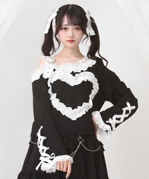 ワンショルダーハートレースフリルTシャツ