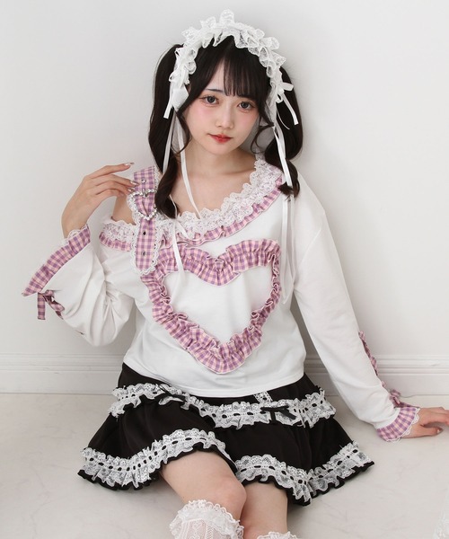 DearMyLove(ディアマイラブ)の「ワンショルダーハートレースフリルTシャツ(Tシャツ/カットソー・レディース・パープル/ブラック×ホワイト/レッド/ブラック・MEDIUM/LARGE/LL/3L)」の4枚目の写真