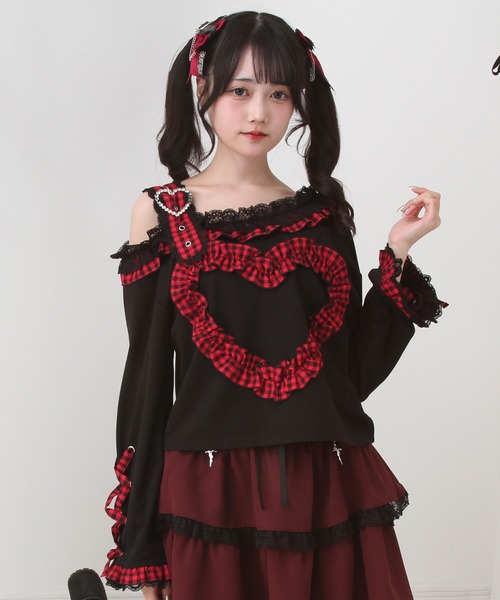 DearMyLove(ディアマイラブ)の「ワンショルダーハートレースフリルTシャツ(Tシャツ/カットソー・レディース・パープル/ブラック×ホワイト/レッド/ブラック・MEDIUM/LARGE/LL/3L)」の1枚目の写真