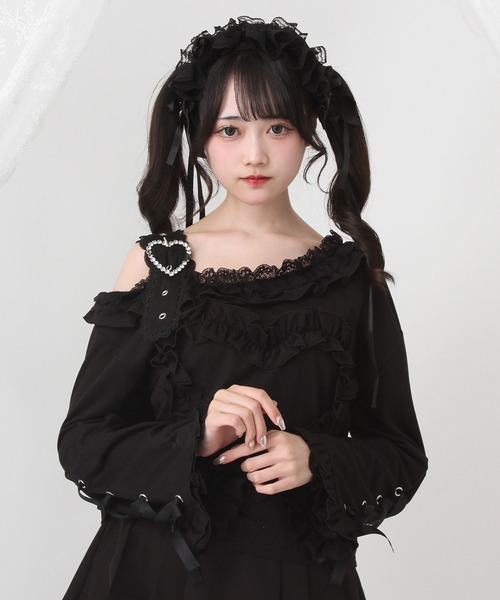 DearMyLove(ディアマイラブ)の「ワンショルダーハートレースフリルTシャツ(Tシャツ/カットソー・レディース・パープル/ブラック×ホワイト/レッド/ブラック・MEDIUM/LARGE/LL/3L)」の2枚目の写真