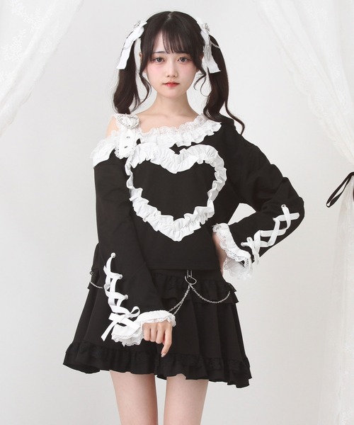 DearMyLove(ディアマイラブ)の「ワンショルダーハートレースフリルTシャツ(Tシャツ/カットソー・レディース・パープル/ブラック×ホワイト/レッド/ブラック・MEDIUM/LARGE/LL/3L)」の11枚目の写真