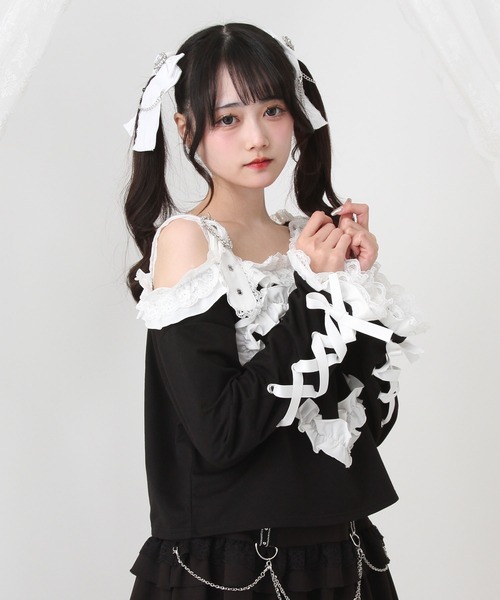 DearMyLove(ディアマイラブ)の「ワンショルダーハートレースフリルTシャツ(Tシャツ/カットソー・レディース・パープル/ブラック×ホワイト/レッド/ブラック・MEDIUM/LARGE/LL/3L)」の12枚目の写真