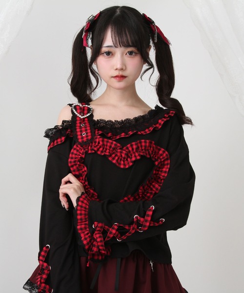 DearMyLove(ディアマイラブ)の「ワンショルダーハートレースフリルTシャツ(Tシャツ/カットソー・レディース・パープル/ブラック×ホワイト/レッド/ブラック・MEDIUM/LARGE/LL/3L)」の16枚目の写真