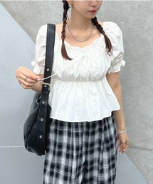胸元リボンパワショルトップス