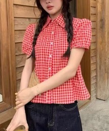 パフ袖チェックシャツブラウス