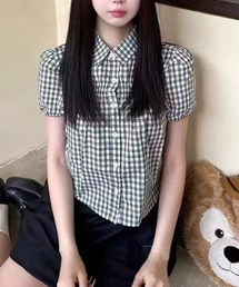 パフ袖チェックシャツブラウス
