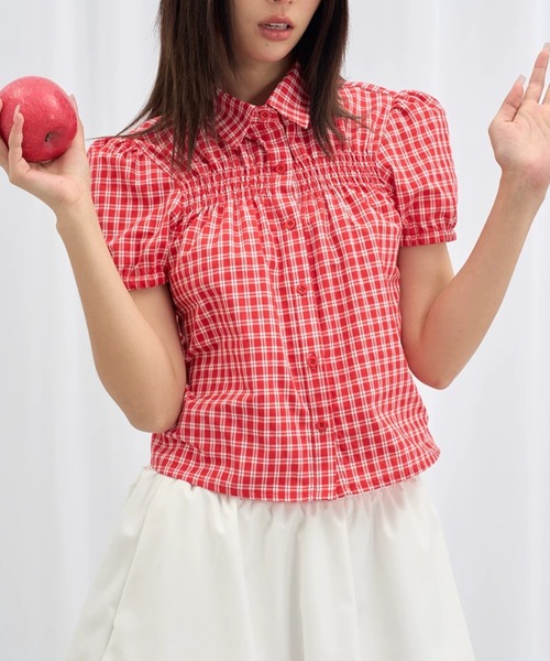 Sibra(シブラ)の「パフ袖チェックシャツブラウス(Tシャツ/カットソー・レディース・ブラック/レッド・M)」の20枚目の写真