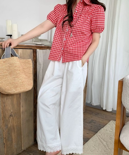 Sibra(シブラ)の「パフ袖チェックシャツブラウス(Tシャツ/カットソー・レディース・ブラック/レッド・M)」の18枚目の写真