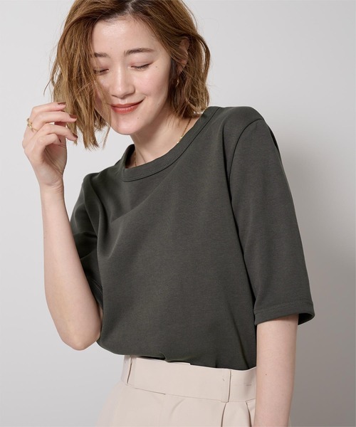 UR'S(ユアーズ)の「ハーフスリーブTシャツ(Tシャツ/カットソー・レディース・チャコール/ブラック/ホワイト/ダークネイビー・S/M/L)」の1枚目の写真