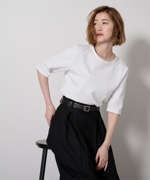 UR'S(ユアーズ)の「ハーフスリーブTシャツ(Tシャツ/カットソー・レディース・チャコール/ブラック/ホワイト/ダークネイビー・S/M/L)」の6枚目の写真