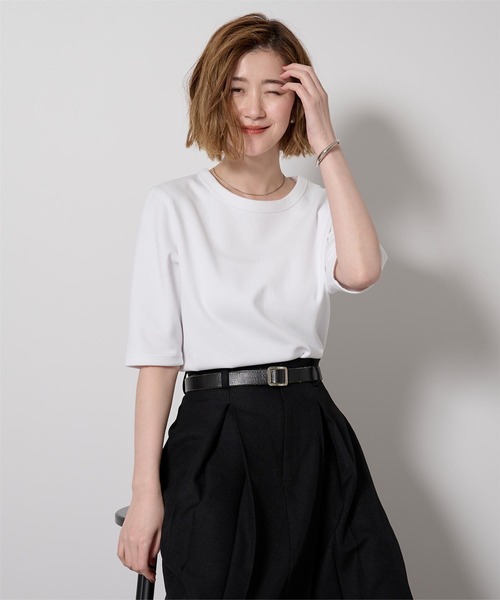 UR'S(ユアーズ)の「ハーフスリーブTシャツ(Tシャツ/カットソー・レディース・チャコール/ブラック/ホワイト/ダークネイビー・S/M/L)」の11枚目の写真