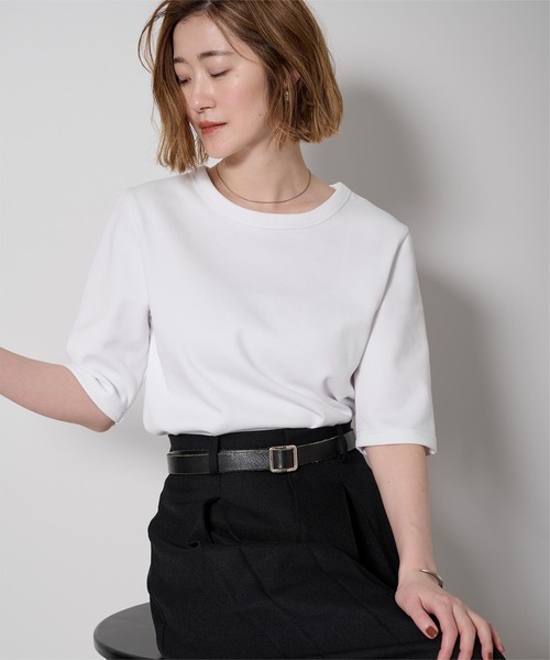 UR'S(ユアーズ)の「ハーフスリーブTシャツ(Tシャツ/カットソー・レディース・チャコール/ブラック/ホワイト/ダークネイビー・S/M/L)」の12枚目の写真