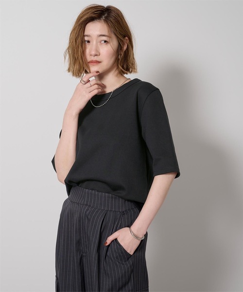 UR'S(ユアーズ)の「ハーフスリーブTシャツ(Tシャツ/カットソー・レディース・チャコール/ブラック/ホワイト/ダークネイビー・S/M/L)」の18枚目の写真