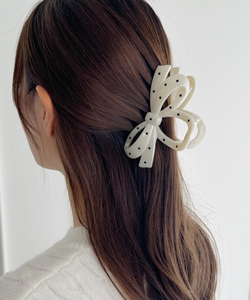 セール】ドット柄リボンヘアクリップ（バレッタ/ヘアクリップ