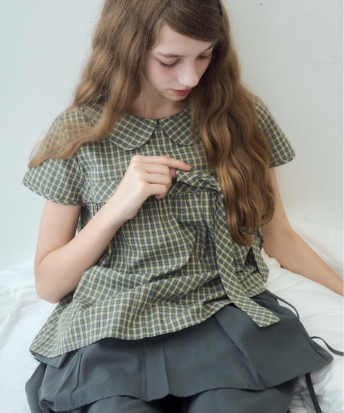 Birthday room(バースデイルーム)の「丸襟チェックリボンブラウス/round-neck checked ribbon blouse(シャツ/ブラウス・レディース・ブラウン/グリーン・FREE)」の2枚目の写真
