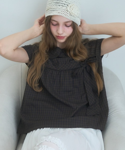Birthday room(バースデイルーム)の「丸襟チェックリボンブラウス/round-neck checked ribbon blouse(シャツ/ブラウス・レディース・ブラウン/グリーン・FREE)」の8枚目の写真