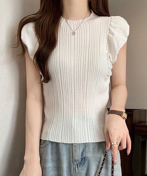 THE HITSS(ヒッツ)の「フリル フレンチスリーブ リブニット ノースリーブ トップス(Tシャツ/カットソー・レディース・ブラック/アイボリー/ブラウン/オフホワイト・FREE)」の2枚目の写真
