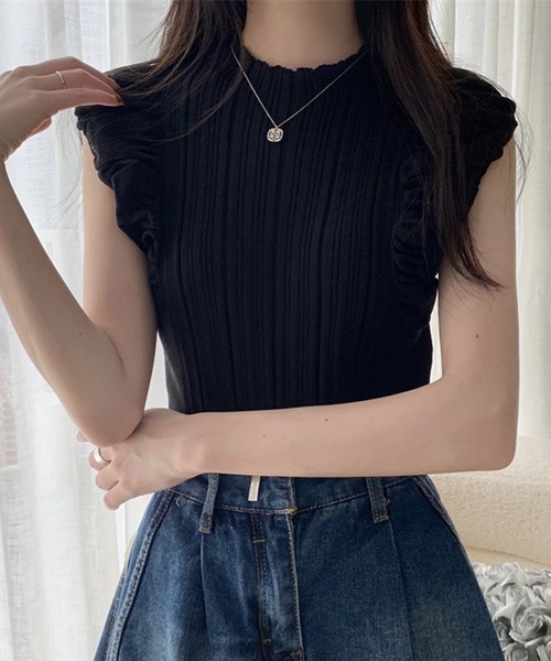 THE HITSS(ヒッツ)の「フリル フレンチスリーブ リブニット ノースリーブ トップス(Tシャツ/カットソー・レディース・ブラック/アイボリー/ブラウン/オフホワイト・FREE)」の9枚目の写真