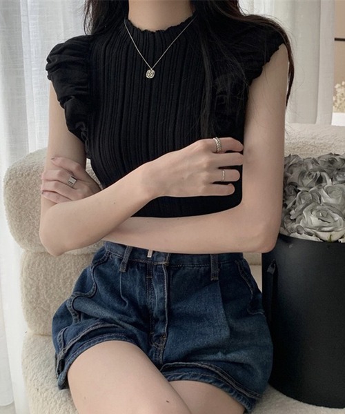 THE HITSS(ヒッツ)の「フリル フレンチスリーブ リブニット ノースリーブ トップス(Tシャツ/カットソー・レディース・ブラック/アイボリー/ブラウン/オフホワイト・FREE)」の10枚目の写真