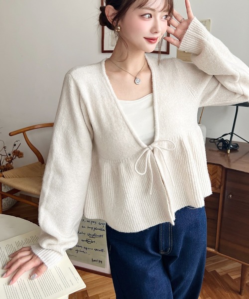 セール】フロントリボンフリルペプラムニットカーディガン