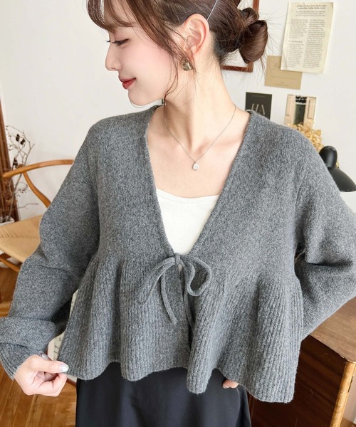 セール】フロントリボンフリルペプラムニットカーディガン