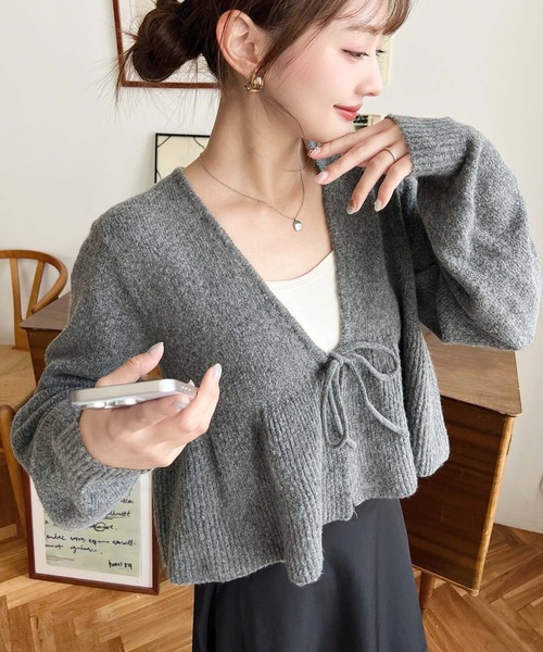 ★美品*M'S GRACY リボン刺繍ペプラムニットカーディガン セール】フロントリボンフリルペプラムニットカーディガン