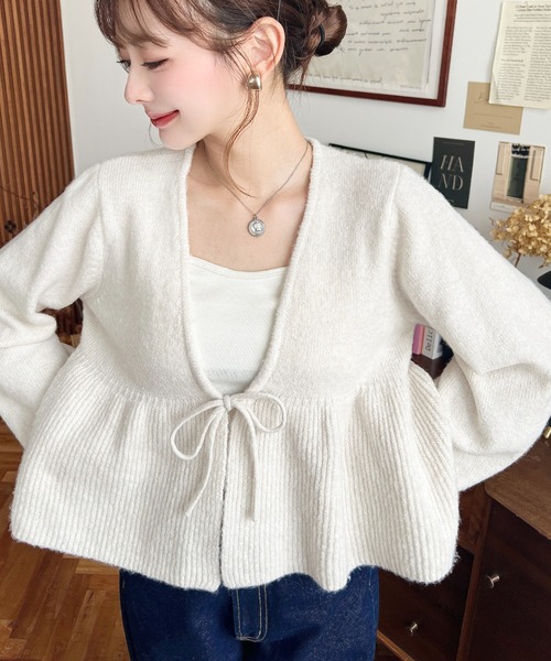 セール】フロントリボンフリルペプラムニットカーディガン