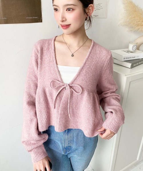 セール】フロントリボンフリルペプラムニットカーディガン