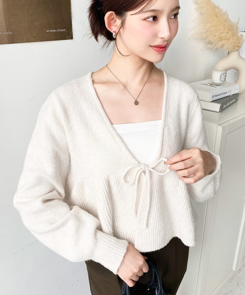 セール】フロントリボンフリルペプラムニットカーディガン