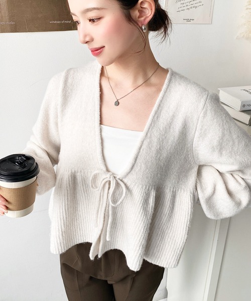 セール】フロントリボンフリルペプラムニットカーディガン