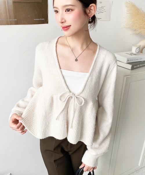 セール】フロントリボンフリルペプラムニットカーディガン