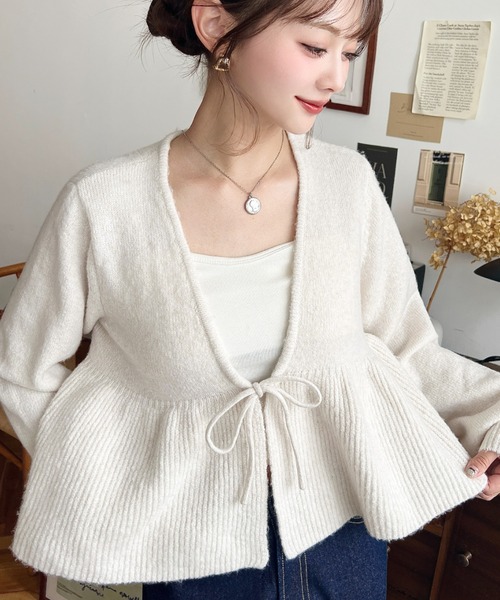 セール】フロントリボンフリルペプラムニットカーディガン