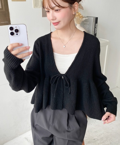 セール】フロントリボンフリルペプラムニットカーディガン