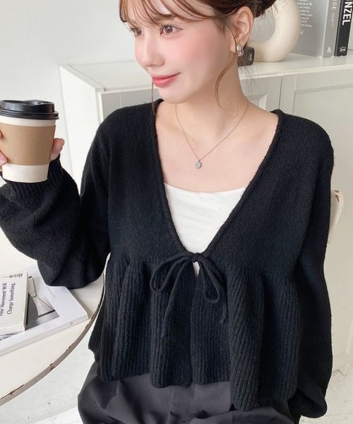 セール】フロントリボンフリルペプラムニットカーディガン