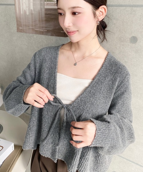 セール】フロントリボンフリルペプラムニットカーディガン