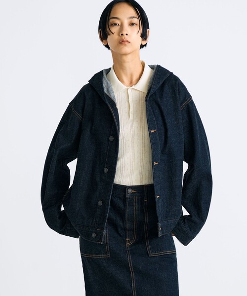 EDITION(エディション)の「ワンウオッシュ エッセンシャルデニム フーデットブルゾン(デニムジャケット・レディース・ネイビー・36/34)」の3枚目の写真