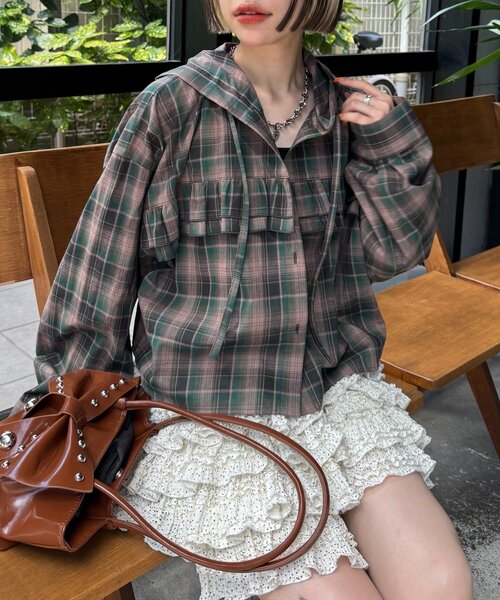 ブラウス シャツ 「25AW」フーディーチェックシャツ レディース 25AW】チェックフリルフーディーシャツ（シャツ/ブラウス）｜w