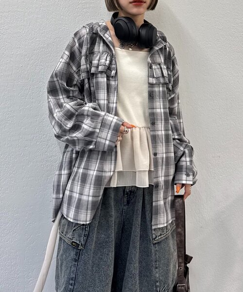 w closet(ダブルクローゼット)の「【25AW】チェックフリルフーディーシャツ(シャツ/ブラウス・レディース・グリーン/レッド/ブラック・0/1)」の6枚目の写真